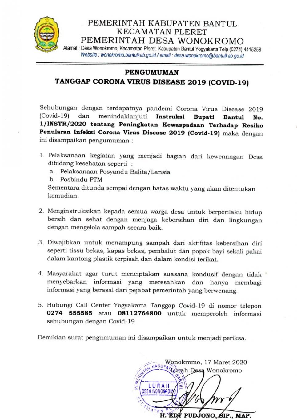 Pemdes Wonokromo Tunda Kegiatan Posyandu Untuk Mencegah Virus Corona 