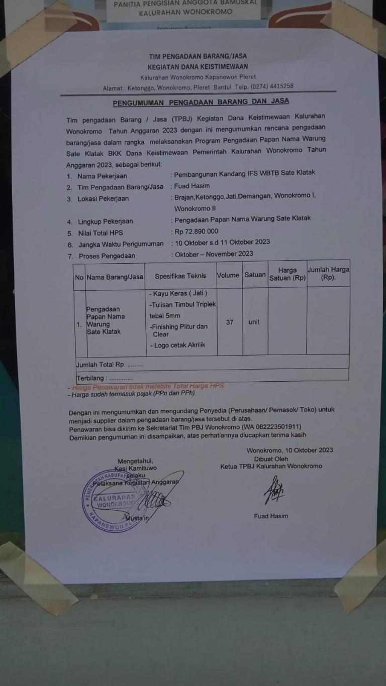 Pengumuman Pengadaan Papan Nama Warung Sate Klatak program BKK Dana Keistimewaan IFS WBTB Sate klata