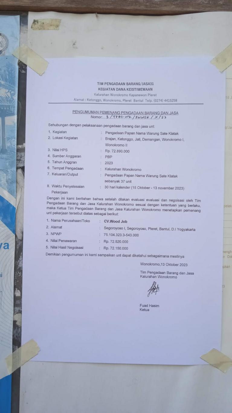 Pengumuman Pemenang Program Launching IFS WBTB Sate Klatak BKK Danais Kegiatan Pengadaan Papan Nama 
