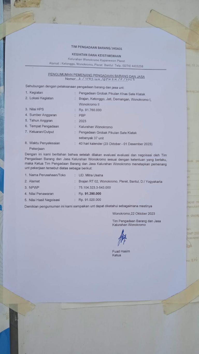 PENGUMUMAN PEMENANG PENGADAAN BARANG DAN JASA KEGIATAN PENGADAAN GROBAK PIKULAN KHAS SATE KLATHAK