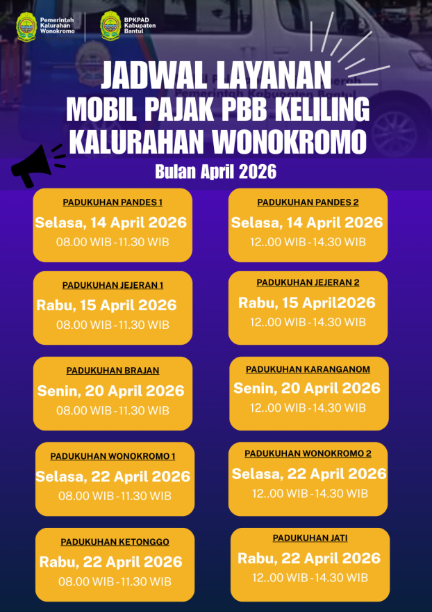 Jadwal Layanan Mobil Pajak PBB Keliling Kalurahan Wonokromo Bulan April 2026 